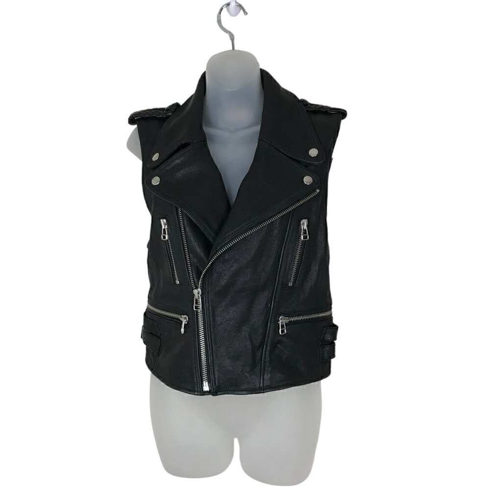Faith Connexion Black Lamb Leather Biker  Vest Size 36 (S)